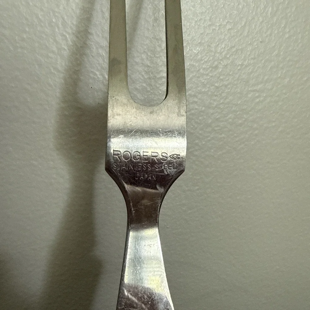 Solid Stainless Rogers Vintage Mid Century Meat Carving Fork Wood‎ Handle Japan